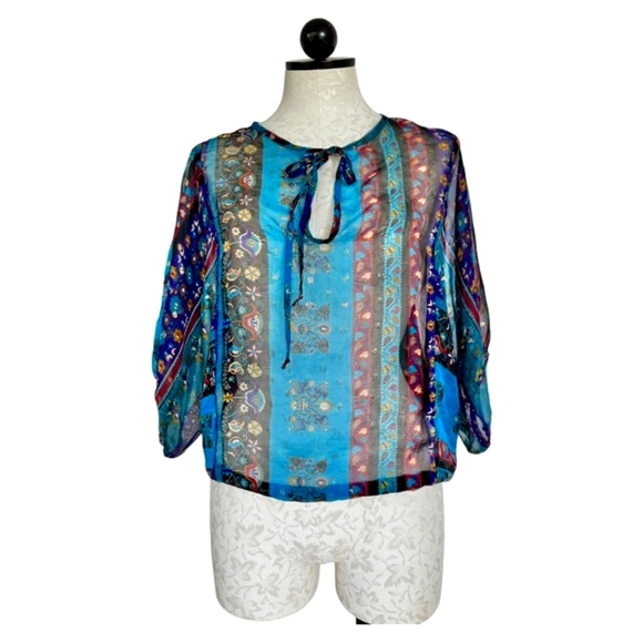 MYNE Ashley Ann Silk Sheer Boho Blouse Floral 3/4 Sleeve Ties at Neck Size 2 - Picture 13 of 13